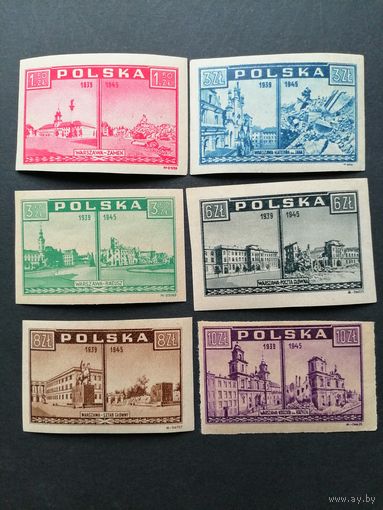 Польша 1945 Полная серия марок "Взгляд из Варшавы: до и после ее разрушения" (чистая**) Mi.414-419 каталог 6.00 евро
