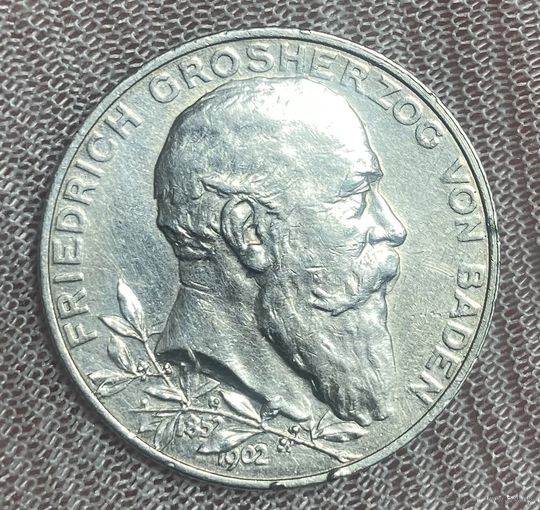 Монета 2 марка 1902 год. Баден. Германская империя. 50 лет правлению Фридриха I