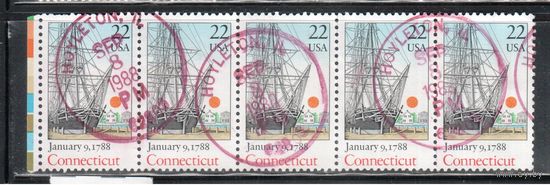 США-1988, (Мих.1961), гаш.,  Штат Коннектикут, Флот, Парусник (одиночка), 5 марок