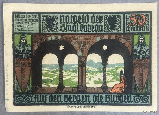 Нотгельд 50 пфеннигов 1921 год. Лобеда. Веймарская республика
