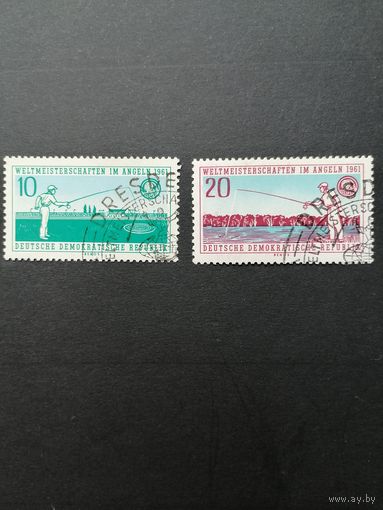 ГДР 1961 Полная серия марок "Чемпионат мира по рыбной ловле" (гашение с клеем без наклеек) Mi.841-842 каталог 4.50 евро