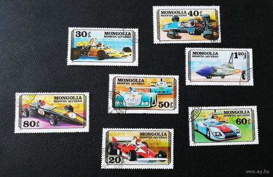 Монголия 1978 г. Гоночные автомобили. Транспорт. Спорт, полная серия из 7 марок #0075-Т1P16