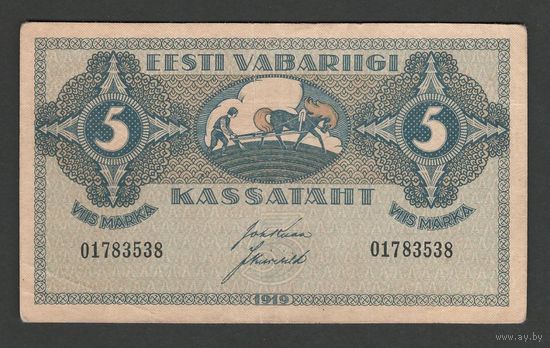 Эстония 5 марок 1919 года. Тип Р-45. Состояние XF+