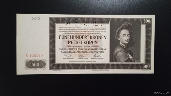 500 крон 1942 год. Протекторат Богемия и Моравия. Перфорация Specimen. UNC.