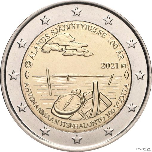 2 евро 2021 Финляндия 100 лет самоуправления на Аландских островах  UNC из ролла