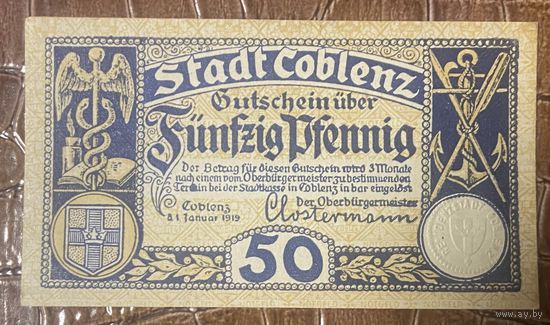 Нотгельд 50 пфеннигов 1919 год. Кобленц. Веймарская республика
