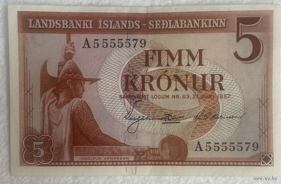 Банкнота. Исландия. 5 крон 1957 год.