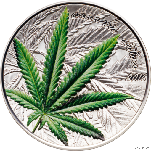 RARE Бенин 1000 франков 2016г. "Марихуана / Cannabis Sativa". Proof. Монета в капсуле; подарочном футляре; номерной сертификат; коробка. СЕРЕБРО 31,10 гр. (1 oz).