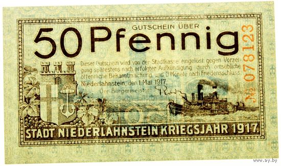 РАСПРОДАЖА!!! - ГЕРМАНИЯ НИДЕРЛАНШТАЙН (РЕЙНЛАНД-ПФАЛЬЦ) 50 пфеннигов 1917 год  - UNC!