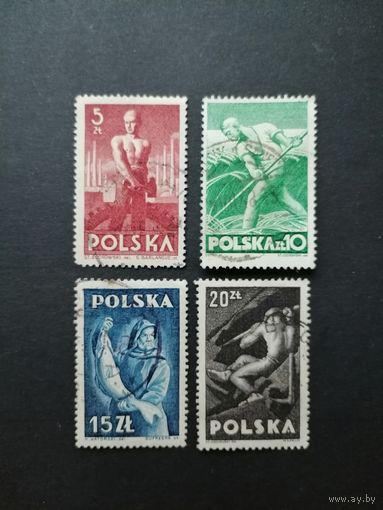 Польша 1947 Полная серия марок на вырезках "Профессии" (гашение без клея с наклейками) Mi.472-475 каталог 1.10 евро