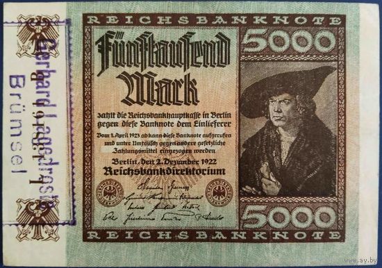 5000 марок. 1922 г. Германия. Частная надпечатка. Unc.