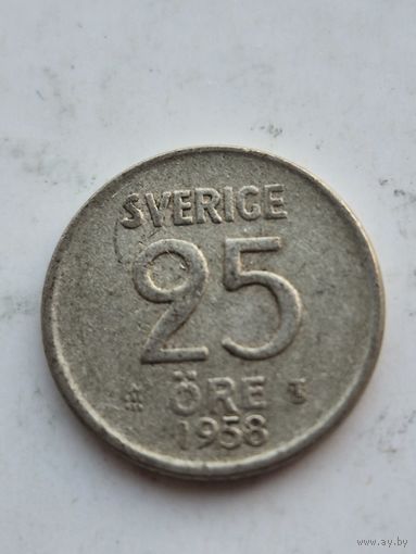 25 эре 1958 года Швеция. Серебро 400. Монета не чищена. 45405