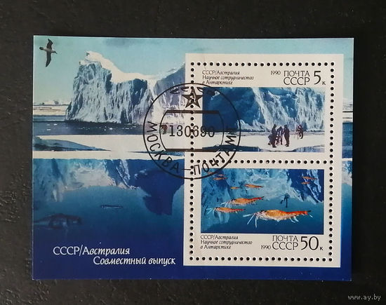 СССР 1990 г. Научное сотрудничество СССР и Австралии в Антарктиде. Фауна. События, полная серия, Блок #0169-Ф1P33