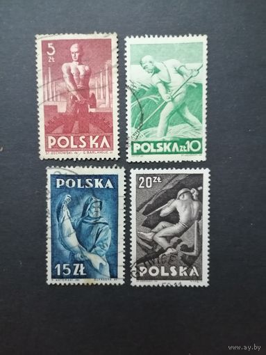 Польша 1947 Полная серия марок на вырезках "Профессии" (гашение без клея и наклеек, на одной есть след наклейки) Mi.472-475 каталог 1.10 евро