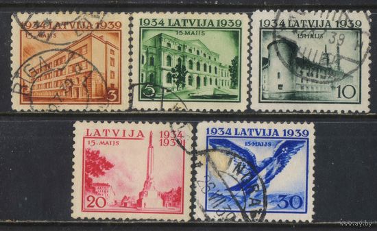 Латвия Респ 1939 5 годовщина нахождения президента Ульманиса при власти Памятные места Школа Замок Памятник Свободы Рига Дворец Митава Орел с флагом #271-5