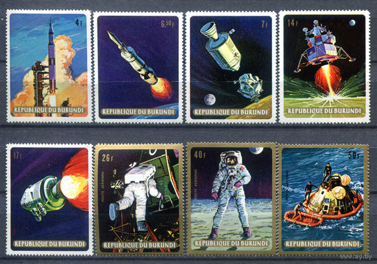 Бурунди - 1969г. - первый пилотируемый полёт на луну - 8 марок - полная серия, MNH с небольшим пожелтением клея, номинал 4 с маленьким повреждением клея, 2 марки с отпечатками на клее [Mi 520 A - 527 A]. #3-Bu-Z-1-21