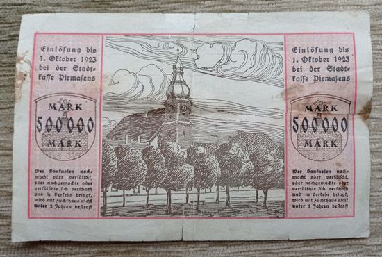 Werty71 Германия 500000 марок 1923 банкнота Гроссгельд городская община г Пирмарзенс редкая