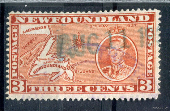 Британские колонии - Ньюфаундленд - 1937г. - коронация короля Георга VI, 3 с - 1 марка - гашёная [Mi 222]. #3-WB-100-A-1