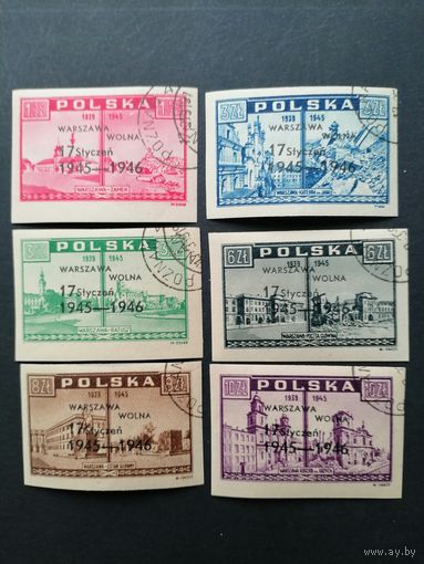 Польша 1946 Полная серия марок надпечатками на марках Mi.414-419 "Взгляд из Варшавы: до и после ее разрушения" "Годовщина освобождения Варшавы"(гашение с клеем, наклейки) Mi.421-426 каталог 30.00 евро