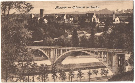 Старинная открытка "Мюнхен. Грюнвальд в долине реки Изар"