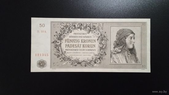 50 крон 1944 год. Протекторат Богемия и Моравия. Перфорация Specimen. UNC.