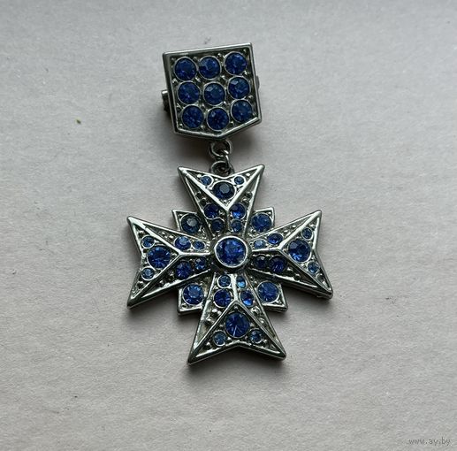 Брошь Орден Крест Синие стразы Германия 50-е