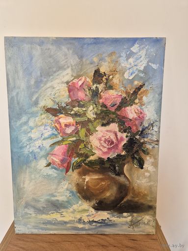 Картина маслом, холст на картоне, 30х40см, "Розовые розы"