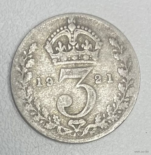 Монета Великобритания 3 пенса 1921 год. Георг V. Серебро