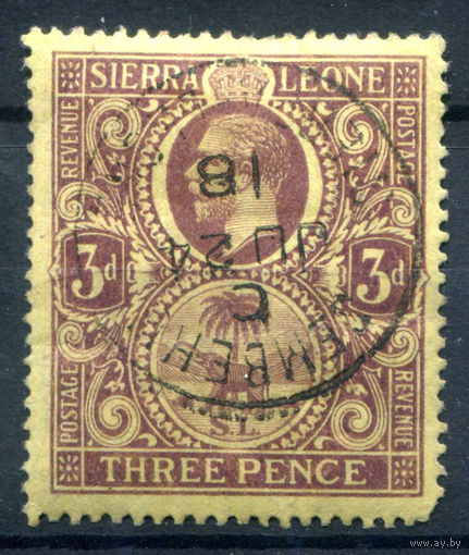Британские колонии - Сьерра-Леоне - 1912г. - слон, король Георг V, 3 P, гаш - 1 марка - гашёная [Mi 92]. #4-B5-126-A-1