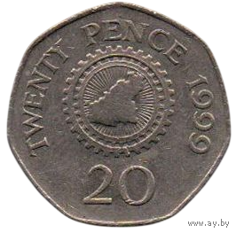 Бейливик Гернси. 20 пенсов (пенни) 1999. Карта острова.
