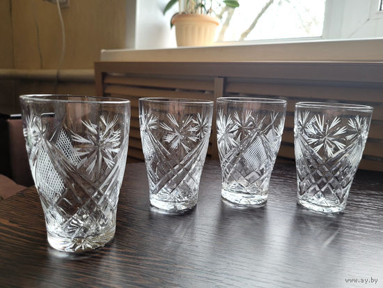 Рюмки/стопки, хрусталь, алмазная грань. Одним лотом 4 шт.