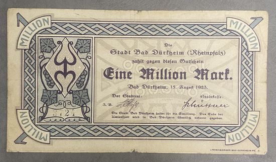 Банкнота 1 миллион марок 1923 год. Бад-Дюркгейм. Веймарская республика