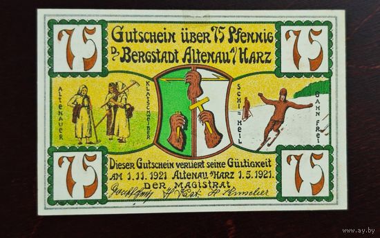 1921 год Германия 75 пфеннигов