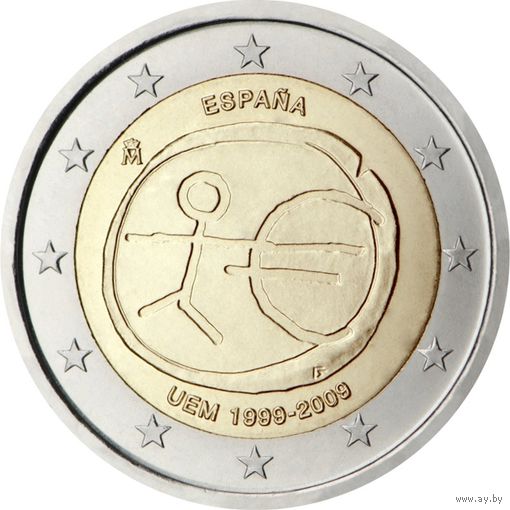 2 евро Испания 2009 10 лет Экономическому и валютному союзу UNC из ролла