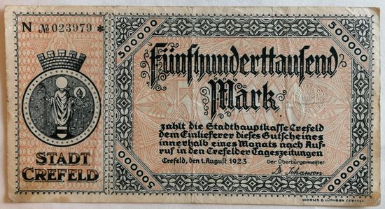 Германия 500000 марок 1923 г., Крефельд (Crefeld, Рейнская провинция) В7:912e, VF, В/З
