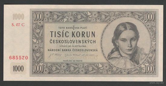 Чехословакия 1000 крон 1945 года. Перфорация 3 точки. Тип Р-74c. Состояние UNC