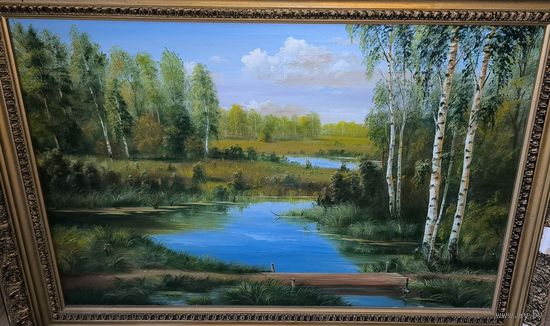 Картина 60*45 холст масло 20 век березы река