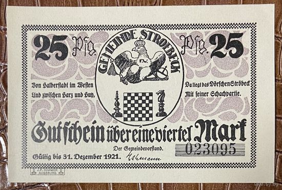 Нотгельд 25 пфеннигов 1921 год. Штрёбек. Веймарская республика
