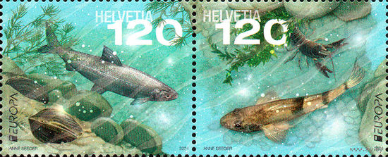 ЕВПРОПА. Подводная флора и фауна Швейцария 2024 год серия из 2-х марок в сцепке