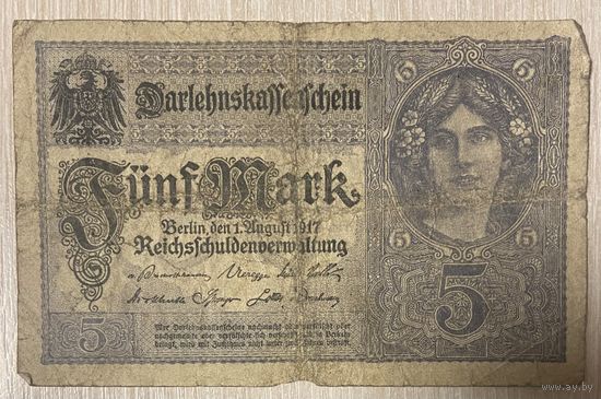 Банкнота 5 марок 1917 год. Германская империя . С рубля без МЦ.