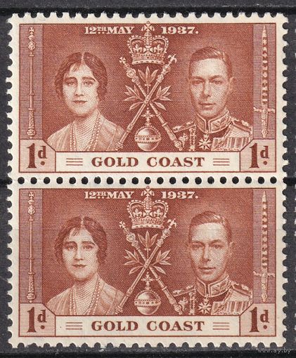 30a.BrKS. Великобритания. Колонии.  Золотой Берег. Коронация Георга VI и Елизаветы. 1937 г. 1P. Mi.#102. MNH. Пара.