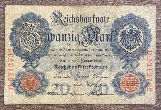 Банкнота 20 марок 1908 год. Германская империя.