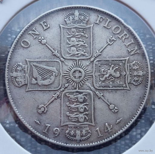 Великобритания 1 флорин 1914 года, UNC. Герб. Король Георгий V. Холдер. Серебро 925! Сторгуй за свою цену, предложи обмен!