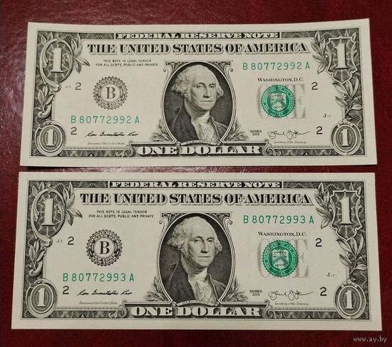 1 доллар 2013 г. Две банкноты. Номера подряд.