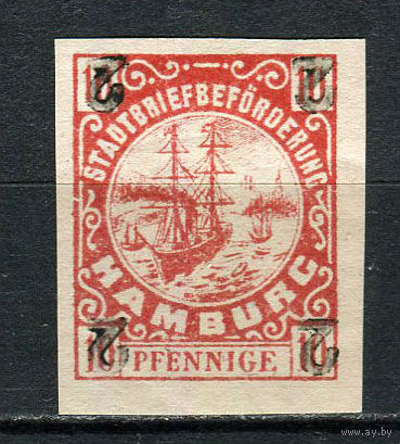 Германия - Гамбург (Hammonia) - Местные марки - 1887 - Корабль с надпечаткой 2Pf на 10Pf - (перевернутая надпечатка) - [Mi.17] - 1 марка. MLH.  (Лот 76Df)