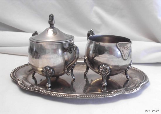 Сервиз Набор кофейный Сливочник+Сахарница на подносе Серебрение Америка USA LEONARD SILVER PLATE