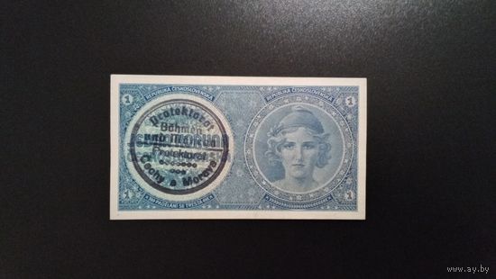 1 крона 1939 год. Протекторат Богемия и Моравия. Ручной штамп. аUNC.
