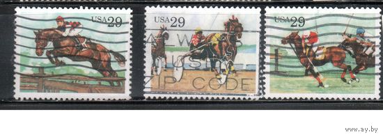 США-1993, (Мих.2355-2358) ,  гаш., Спорт, Конные соревнования, Лошади , 3 марки