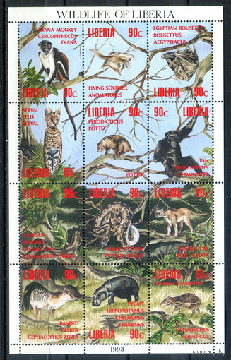 Либерия - 1993г. - Дикие животные - полная серия, MNH с незначительным повреждением клея [Mi 1564-1575] - 1 малый лист