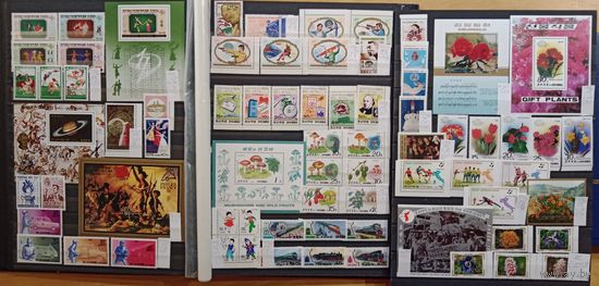 Марки КНДР 1988 года, абонемент, неполный годовой комплект чистых художественных марок, блоков, сцепок на тему флора, спорт, авиация, поезда, каталог Mi 105, 8 евро